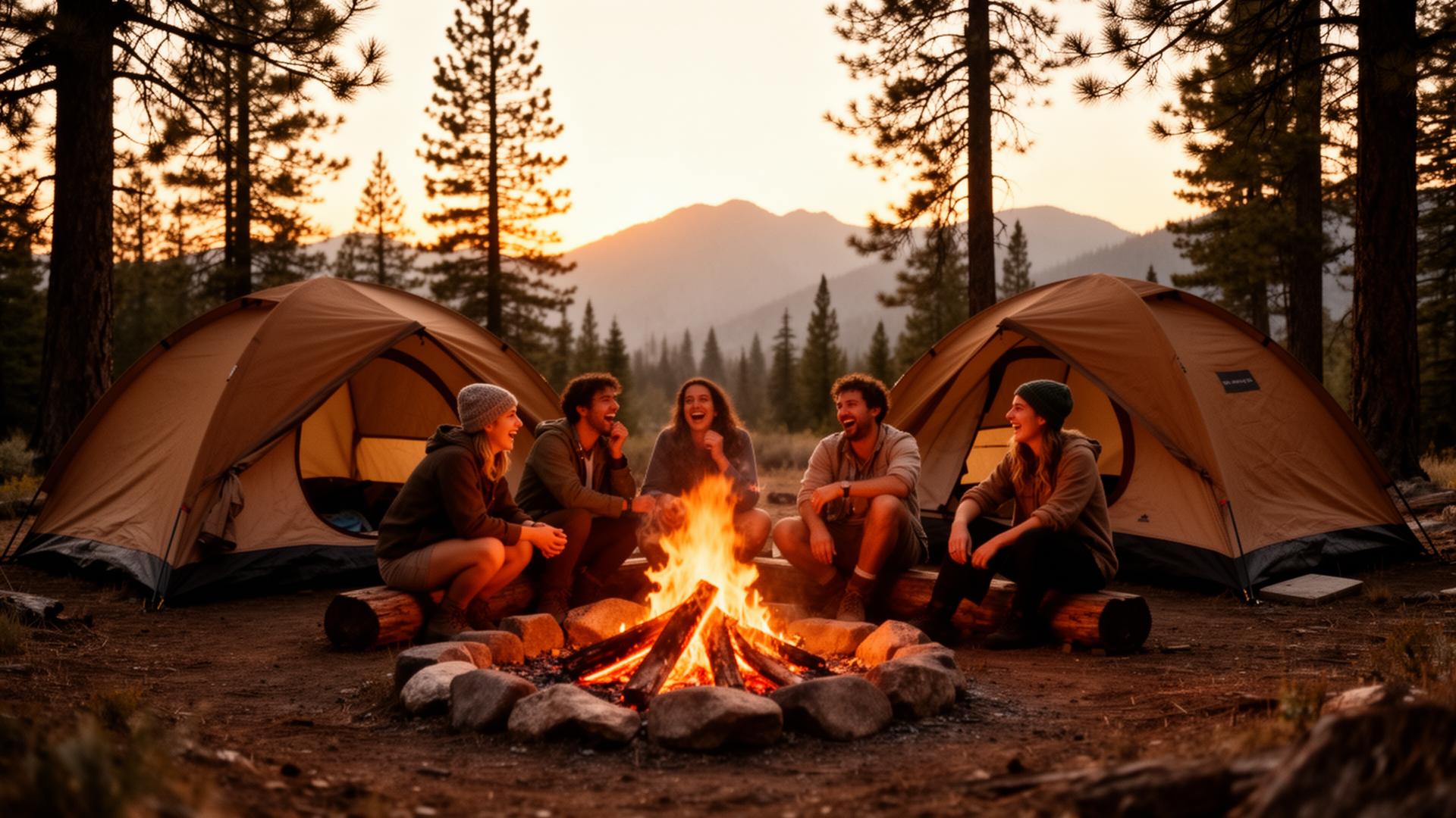 Friends gathered around a campfire at sunset